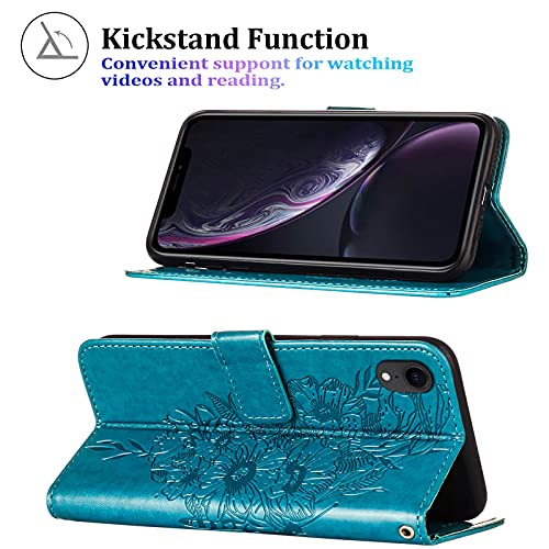 Phone Case for iPhone XR Wallet,Card Holder [Kickstand][Wrist Strap] Butterfly Floral Embossed for Women PU Leather Flip Protective Cover for iPhone XR Cases 2021 (Blue)