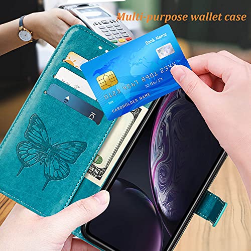 Phone Case for iPhone XR Wallet,Card Holder [Kickstand][Wrist Strap] Butterfly Floral Embossed for Women PU Leather Flip Protective Cover for iPhone XR Cases 2021 (Blue)