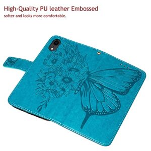 Phone Case for iPhone XR Wallet,Card Holder [Kickstand][Wrist Strap] Butterfly Floral Embossed for Women PU Leather Flip Protective Cover for iPhone XR Cases 2021 (Blue)