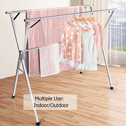 Kdpranky Clothes Drying Rack, Heavy Duty Foldable Laundry Drying Rack, Retractable Space Saving Drying Rack, Stainless Steel Garment Rack for Indoor and Outdoor Use, 1.5M/59IN