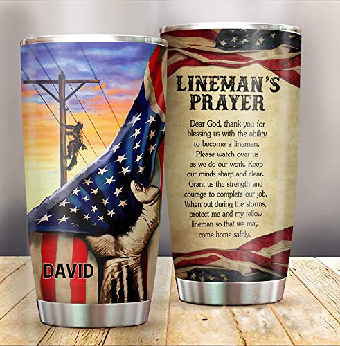 Generic Linemans Prayer American USA Flag Patriotic Travel Tumbler Gifts Electrician Electrical Lineman Climber Power Lines Men Husband for 4th Of July Birthday 20Oz Vacuum Insulated Stainless Steel