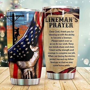 Generic Linemans Prayer American USA Flag Patriotic Travel Tumbler Gifts Electrician Electrical Lineman Climber Power Lines Men Husband for 4th Of July Birthday 20Oz Vacuum Insulated Stainless Steel