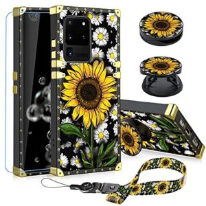 kanghar designed for samsung galaxy s20 ultra case sunflower with screen protector lanyard strap ring holder kickstand for women girls flower floral daisy square finger grip stand 6.9"