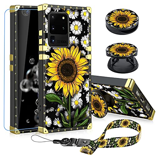 KANGHAR Designed for Samsung Galaxy S20 Ultra Case Sunflower with Screen Protector Lanyard Strap Ring Holder Kickstand for Women Girls Flower Floral Daisy Square Finger Grip Stand 6.9"