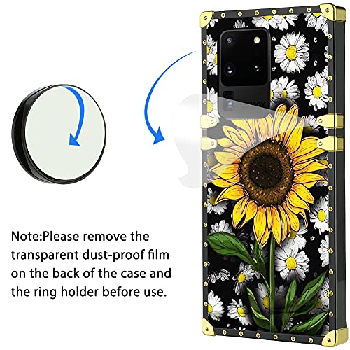 KANGHAR Designed for Samsung Galaxy S20 Ultra Case Sunflower with Screen Protector Lanyard Strap Ring Holder Kickstand for Women Girls Flower Floral Daisy Square Finger Grip Stand 6.9"