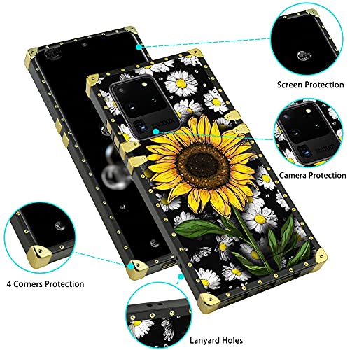 KANGHAR Designed for Samsung Galaxy S20 Ultra Case Sunflower with Screen Protector Lanyard Strap Ring Holder Kickstand for Women Girls Flower Floral Daisy Square Finger Grip Stand 6.9"