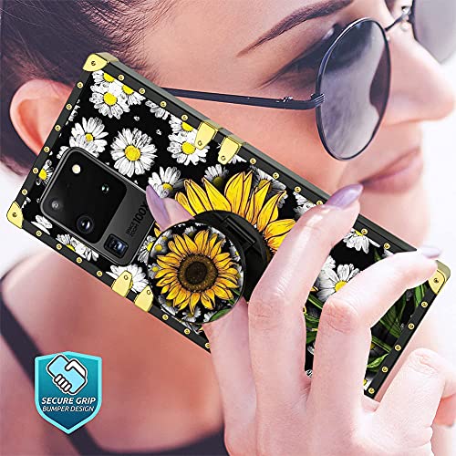 KANGHAR Designed for Samsung Galaxy S20 Ultra Case Sunflower with Screen Protector Lanyard Strap Ring Holder Kickstand for Women Girls Flower Floral Daisy Square Finger Grip Stand 6.9"