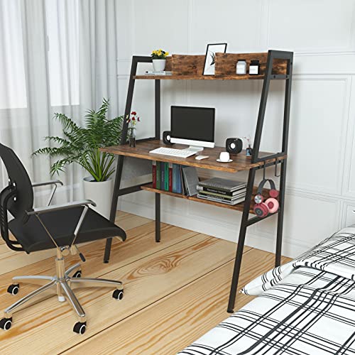 FLANTINO 55 Inch Computer Desk with Hutch and Storage Shelves, Rustic Industrial Home Office Writing Desk Computer Table for Study Writing/Workstation, Archaize Brown