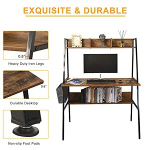 FLANTINO 55 Inch Computer Desk with Hutch and Storage Shelves, Rustic Industrial Home Office Writing Desk Computer Table for Study Writing/Workstation, Archaize Brown