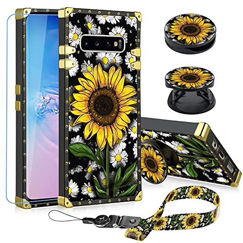 KANGHAR Designed for Samsung Galaxy S10 Plus Case for Women Girls Sunflower with Screen Protector Lanyard Strap Ring Holder Kickstand Flower Floral Daisy Square Grip Stand Phone Bumper 6.4"