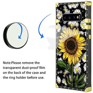 KANGHAR Designed for Samsung Galaxy S10 Plus Case for Women Girls Sunflower with Screen Protector Lanyard Strap Ring Holder Kickstand Flower Floral Daisy Square Grip Stand Phone Bumper 6.4"