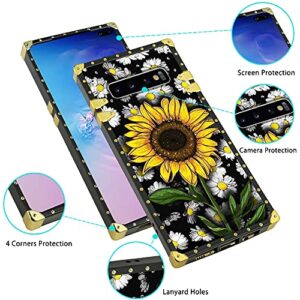 KANGHAR Designed for Samsung Galaxy S10 Plus Case for Women Girls Sunflower with Screen Protector Lanyard Strap Ring Holder Kickstand Flower Floral Daisy Square Grip Stand Phone Bumper 6.4"