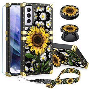 kanghar designed for samsung galaxy s21 5g case sunflower with tempered glass screen protector lanyard strap ring holder kickstand for women girls flower daisy square with finger grip stand 6.2"