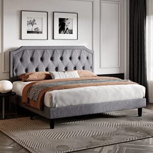 sha cerlin king size upholstered platform bed with curved rhombic button tufted headboard, easy assembly, light grey