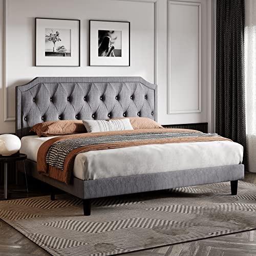 SHA CERLIN King Size Upholstered Platform Bed with Curved Rhombic Button Tufted Headboard, Easy Assembly, Light Grey