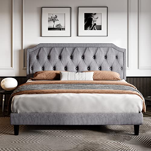 SHA CERLIN King Size Upholstered Platform Bed with Curved Rhombic Button Tufted Headboard, Easy Assembly, Light Grey