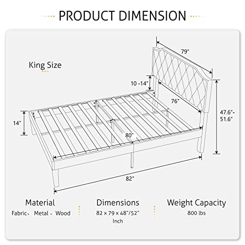 SHA CERLIN King Size Upholstered Platform Bed with Curved Rhombic Button Tufted Headboard, Easy Assembly, Light Grey