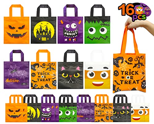 MISS FANTASY Halloween Non-Woven Bags Trick or Treat Tote Gift Bags Bulk 11.8'' x 8.6'' Party Goodie Bag with Handles for Halloween 16 Pack