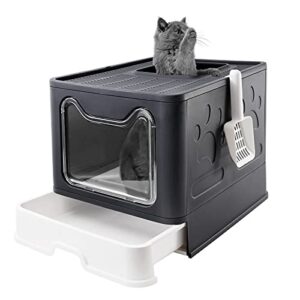 bolux foldable cat litter box with lid, extra large litter box with cat litter scoop, drawer type cat litter pan easy to scoop & low tracking (dark grey, 20" l x 16" w x 15" h)