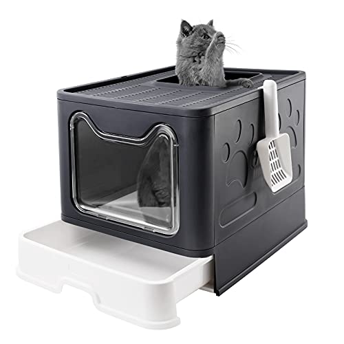 Bolux Foldable Cat Litter Box with Lid, Extra Large Litter Box with Cat Litter Scoop, Drawer Type Cat Litter Pan Easy to Scoop & Low Tracking (Dark Grey, 20" L x 16" W x 15" H)