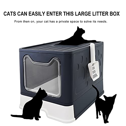 Bolux Foldable Cat Litter Box with Lid, Extra Large Litter Box with Cat Litter Scoop, Drawer Type Cat Litter Pan Easy to Scoop & Low Tracking (Dark Grey, 20" L x 16" W x 15" H)