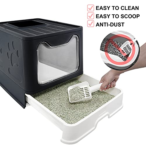 Bolux Foldable Cat Litter Box with Lid, Extra Large Litter Box with Cat Litter Scoop, Drawer Type Cat Litter Pan Easy to Scoop & Low Tracking (Dark Grey, 20" L x 16" W x 15" H)