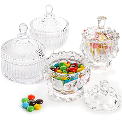 YOUEON Set of 4 Glass Candy Dish with Lid, Crystal Candy Jar, Decorative Candy Bowl, Cookie Jar, Jewelry Dish, Covered Candy Jar, Small Glass Jars for Candy Buffet, Kitchen, Home, Office Desk