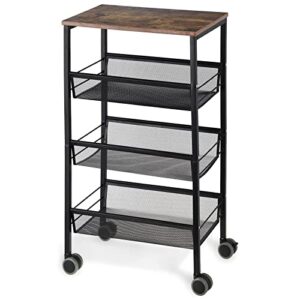 liantral rustic kitchen storage cart, 4 tier kitchen cart on wheels, metal mesh storage pantry cart with lockable wheels, wood look top and metal frame.