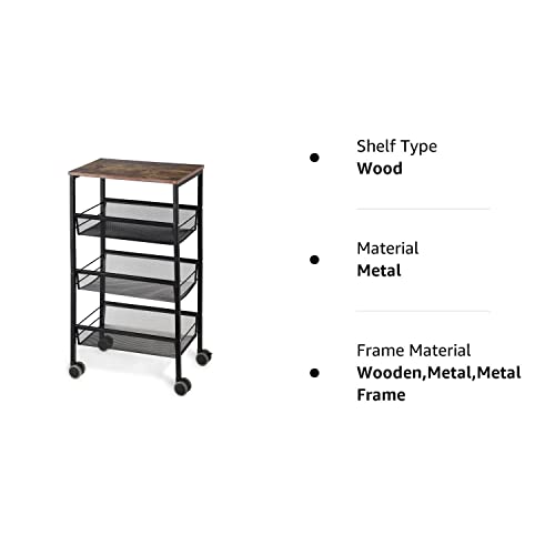 LIANTRAL Rustic Kitchen Storage Cart, 4 Tier Kitchen Cart on Wheels, Metal Mesh Storage Pantry Cart with Lockable Wheels, Wood Look Top and Metal Frame.