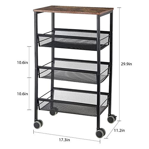 LIANTRAL Rustic Kitchen Storage Cart, 4 Tier Kitchen Cart on Wheels, Metal Mesh Storage Pantry Cart with Lockable Wheels, Wood Look Top and Metal Frame.