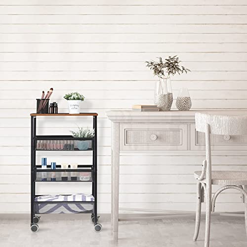 LIANTRAL Rustic Kitchen Storage Cart, 4 Tier Kitchen Cart on Wheels, Metal Mesh Storage Pantry Cart with Lockable Wheels, Wood Look Top and Metal Frame.