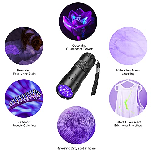 SEVENKA Black Light Flashlight, 2 Pack 12 LED UV Blacklight Flashlight, 395nm Handheld Mini Torch Light, Professional Urine Detector for Dog Pet Urine Stains, Bed Bugs and Scorpions.