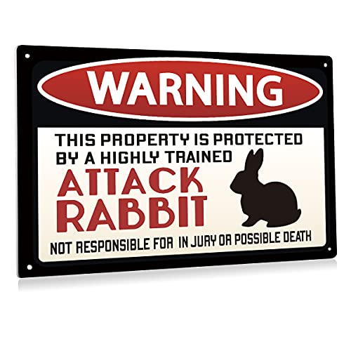 BEASTZHENG Warning Sign Warning Attack Rabbit Metal Tin Sign Wall Decor Sign for Home Door Outdoor Decor Gifts - 8x12 Inch