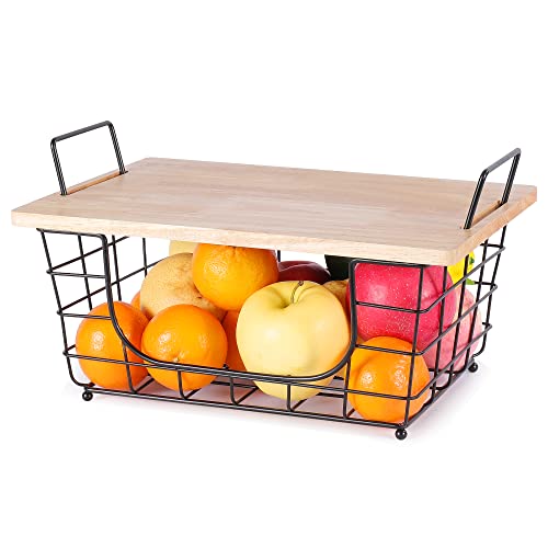 HUIFAHUO Stackable Wire Fruit Bowl with Cutting Board - Countertop Fruit and Vegetable Storage, Black Fruit Basket for Kitchen Countertop