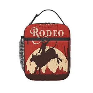 msugu insulated lunch bag reusable tote bag lunch box for men rodeo cowboy riding bull wooden old sign western style wilderness at sunset image theme women cooler bag