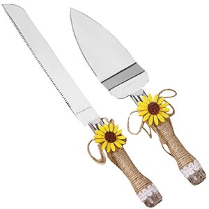rustic wedding cake knife & server set with sunflower decor, stainless steel cakes bread pizza pie cutter serving, great for engagement anniversary birthday parties gift