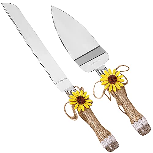 Rustic Wedding Cake Knife & Server Set with Sunflower Decor, Stainless Steel Cakes Bread Pizza Pie Cutter Serving, Great for Engagement Anniversary Birthday Parties Gift