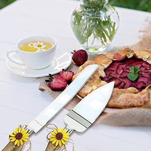 Rustic Wedding Cake Knife & Server Set with Sunflower Decor, Stainless Steel Cakes Bread Pizza Pie Cutter Serving, Great for Engagement Anniversary Birthday Parties Gift