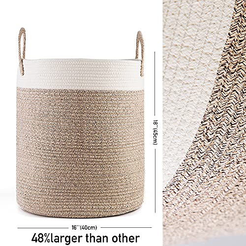 Large 18 x 16 Inches Decorative Woven Cotton Rope Basket，Woven Collapsible Laundry Basket ,Clothes Storage Basket for Blankets,Organize Your Living Room,Baby Nursery,Children/Pet Toys, Shoes, Pillows, Laundry, Towels/Clothes with This Premium Quality Wov