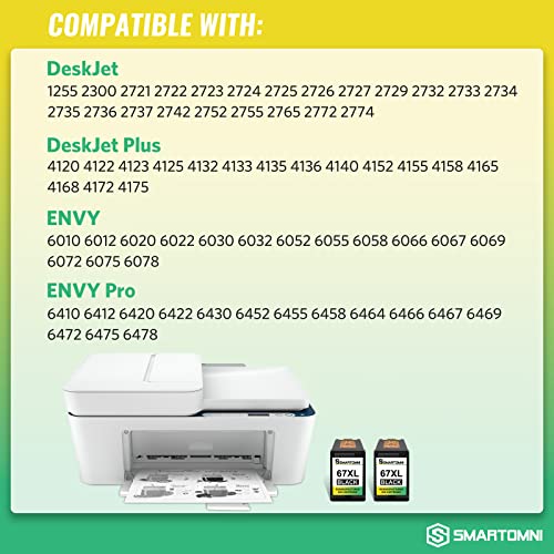S SMARTOMNI 67XL Black Ink Cartridge High Yield Replacement for HP 67 XL Combo Pack for HP Deskjet 2723 2752 2755 2722 Plus 4122 4155 Envy 6030 6052 6055 6075 Pro 6430 6455 6458 (2 Pack, Black)