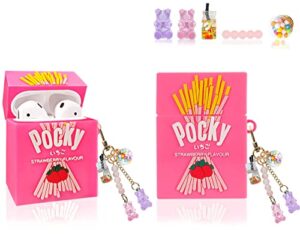 pocky aipord case for 1&2, 3d cute cartoon funny soft silicone pink food biscuit fashion design cover with unique kawaii for airpod 1&2 for women kids teens boys girls(pink with gummy bear keychain)