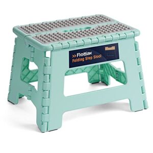flottian 9" folding step stool for adults and kids holds up to 300 lbs,non-slip folding stools with portable handle, compact plastic foldable step stool for bathroom,bedroom, kitchen teal