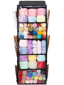 5 compartments hanging yarn knitting storage organizer with zipper closure, yarn over door display holder with 6 clear pockets on side for knitting needles, crochet hooks (l size, black)