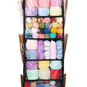 5 Compartments Hanging Yarn Knitting Storage Organizer with Zipper Closure, Yarn Over Door Display Holder with 6 Clear Pockets On Side for Knitting Needles, Crochet Hooks (L Size, Black)