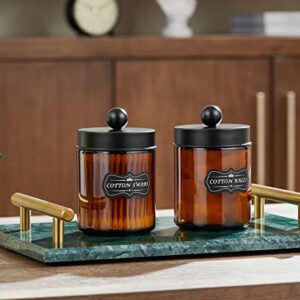 INIUNIK Amber Glass Qtip Holder, 2 Pack Apothecary Jars with Lids Cotton Ball Holder Cotton Round Swab Pad Holder, Bathroom Jars Counter Storage Jars Containers for Restroom Bathroom Organizer, Amber