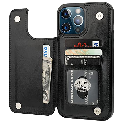 ONETOP Compatible with iPhone 13 Pro Max Wallet Case with Card Holder,PU Leather Kickstand Card Slots Case, Double Magnetic Clasp and Durable Shockproof Cover 6.7 Inch(Black)