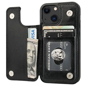 onetop compatible with iphone 13 mini wallet case with card holder, pu leather kickstand card slots case, double magnetic clasp and durable shockproof cover 5.4 inch(black)