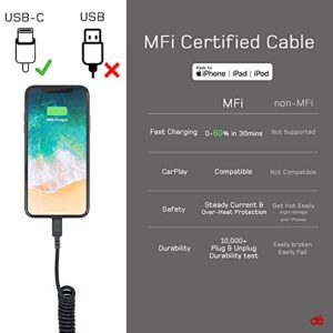 dé Coiled USB-C to Lightning Cable (Note: USB C, not USB), Coiled Lightning Cable 3ft [CarPlay Compatible & MFi Certified], for iPhone 12 Pro Max/12/13/11 Pro/11/X/8/iPad