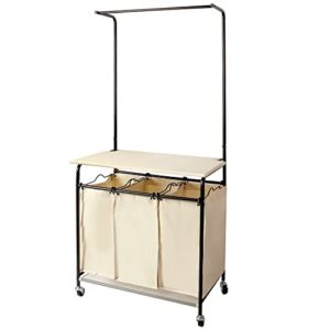 rolling laundry sorter cart with wheels heavy-duty laundry hamper sorter cart with ironing board，3 removable bags, and attached steel hanging bar (beige)