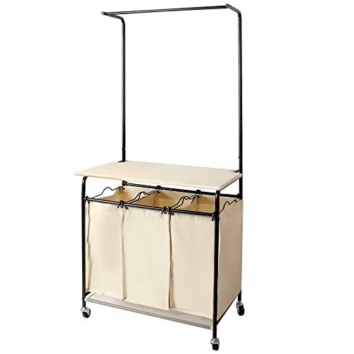 Rolling Laundry Sorter Cart with Wheels Heavy-Duty Laundry Hamper Sorter Cart with Ironing Board，3 Removable Bags, and Attached Steel Hanging Bar (Beige)